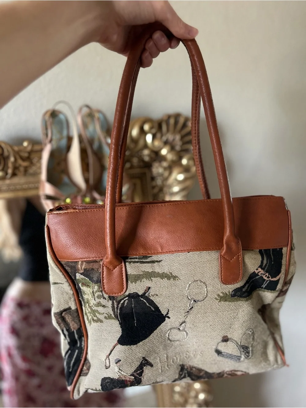 Tapestry Equestrian Tote with Tan Leather Trim